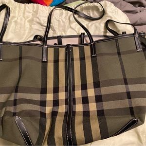 Burberry Check Canvas & Leather Tote Military Green